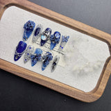Qfdian  Deep Blue Dream Court Press On Nails 3D Rose Iridescent Rhinestone Flexible Resin Multiple Sizes Ideal for Court Outfits Dinners