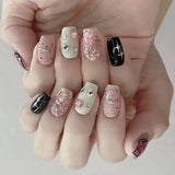 Qfdian 24Pcs Wearable Coffin Fake Nail Tips with Butterfly Camellia Designs Red Long Ballerina False Nails Press on Nails Art Manicure