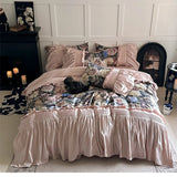 Qfdian Vintage Rose Oil Painting Style Ruffles Egyptian Cotton Bedding Set Duvet Cover Bed Sheet/Bed Skirt/Fitted Sheet Pillowcase 4Pcs