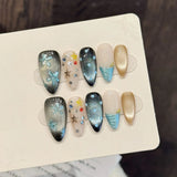 Qfdian  10pcs Handmade Blue Cat Eye Press on Nails Ins Star Sequins Design Shiny False Nails Ins Sweet Fashion Almond Fake Nail Tips