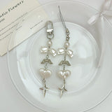 Qfdian INS Korea Pearl Bow Knot Heart Charm Phone Pendant Crystal Wristband Keychain Bracelet Lanyard Cord