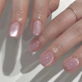 Qfdian 24Pcs Nude Pink Nail Tips Short Round Head False Nails with Design Wearable Finished Fake Nails Full Cover Press on Nails