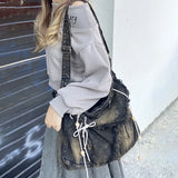 Qfdian Washed Denim Women Shoulder Bag Large Capacity Student Zipper Messager Handbags