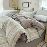 Qfdian  Nordic Bedding Set Striped Duvet Cover Set 100% Cotton Soft Flat Sheet Single Twin Size Double Bed Sheet Set For Bedroom Decor