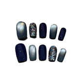 Qfdian  10Pcs Fake Nails Blue Cat-Eye Glitter Short-Length Press-On Nails for Fall/Winter Perfect Gift for Women and Friends