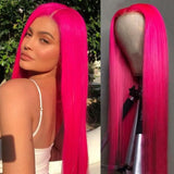 Qfdian Hot Pink Lace Front Wig Long Straight Hair Frontal Rose Red Synthetic Lace Wigs for Women Daily Glueless Natural Hairline