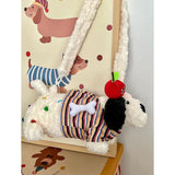 Qfdian Japanese Fluffy Cartoon Striped Dog Shoulder Bag Kawaii Sweet Fashion Women's Handbags Y2k Aesthetic Cute Crossbody Bags Trendy