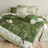 Qfdian  Vintage French-style Flowers Print Lace Bedding Set 1000TC Egyptian Cotton Duvet Cover Flat Bed Sheet Pillowcases 4Pcs