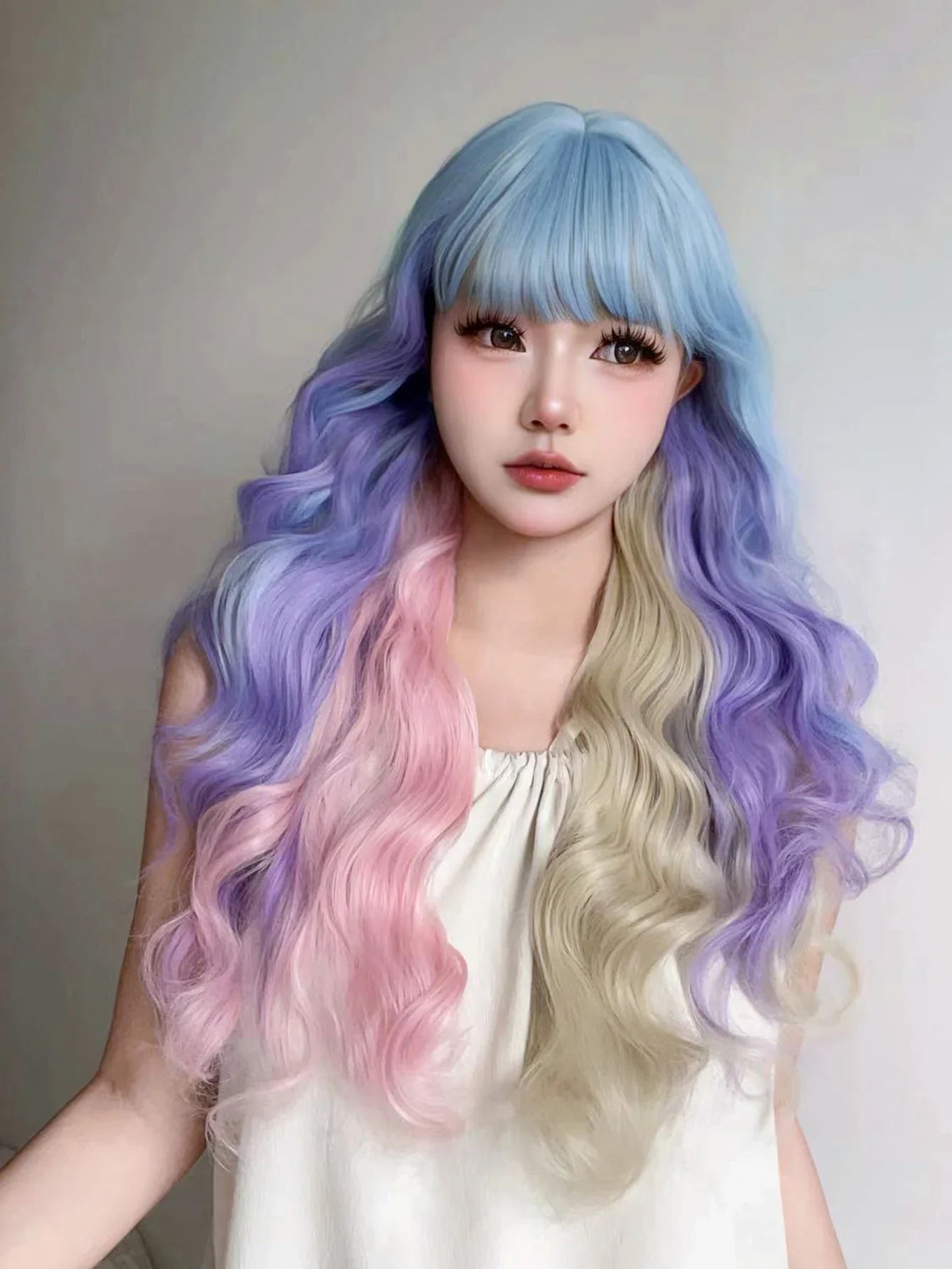 Qfdian 28Inch Blue Pink Purple Blonde Mix Color Synthetic Magic Wigs With Bang Long Natural Wavy Hair Wig For Women Cos Heat Resistant