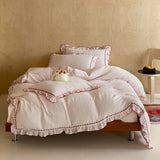 Qfdian  100% Cotton Double Yarn Bedding Set, Soft Ruffle Duvet Cover with Pillowcases, Queen King Size Pink Bed Linen for Girls Bedroom