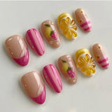 Qfdian  24pcs Ins 3D Bowknots Press On Nails Sweet Strawberry Pink Plaid Almond False Nails With Heart Shape Pearl Decor Fake Nail Tips