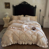 Qfdian  4Pcs French Princess Style Ruffles Bedding Set Double King Queen Size Wedding Bedroom Duvet Cover Flat/Fitted Sheet Pillowcases