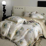 Qfdian Floral Plant Print Color Blocking Bedding Set Lyocell Bamboo Fiber Soft Silky Duvet Cover Flat/Fitted Bed Sheet Pillowcases 4Pcs