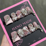 Qfdian  10pcs Ocean Style Fake Nails Duck Bill Press on Nails Set Handmade 3D Flowers Pearl Nail Art Gradient Blush French False Nails