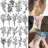 Qfdian  19 Sheets 3D Sexy Flower Temporary Tattoos For Women Neck Arm Black Fake Tattoo Sticker Waterproof Small Sketch Tatoo Decoration