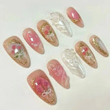 Qfdian  24pcs Pink Spring Summer Nail Art French Edge Fake Nails Sweet Pearl Star Shell False Nails 3D Flower Press on Nails Almond Nail