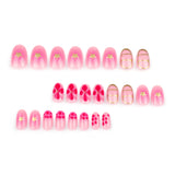 Qfdian  24pcs Sweet Pink Flower Press On Nails Glossy Short Almond Full Cover Stick-on Nails Gold Stripe Blush Artificial False Nails