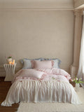 Qfdian French Lace Ruffles Princess Wedding Bedding Set Pure Cotton Double Layer Yarn Soft Duvet Cover Flat/Fitted Bed Sheet Pillowcase