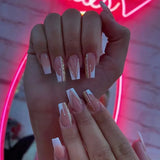 Qfdian  24Pcs Short Square False Nails Simple French Fake Nails Press on Nails Full Cover Nail Tips Detachable DIY Manicure