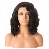 Qfdian Short Black Wavy Wig for Women Synthetic Lace Front Wig 12 Inch Shoulder Length Side Part Bob Curly Wig 13x4 Frontal Daily Use