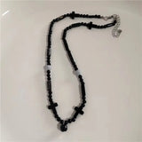 Qfdian  Punk Y2K Grunge Black Star Pendant Beaded Silver Color Chain Choker Necklace For Women Men Goth Charm EMO 2000s Jewely Accessory