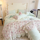 Qfdian  Princess Style Duvet Cover Sets with Lace Embroidery Bed Cover for Girls  Queen/King Size Soft Pink Bedding with Ruffles