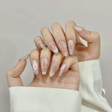 Qfdian 10Pcs Aurora Handmade False Nails with Jelly Glue Long Almond Fake Nail Art Shell Design Press on Nails Full Cover Manicure Tips