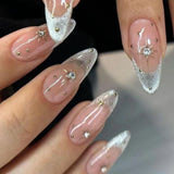 Qfdian  24Pcs Mid-length Almond Ballet False Nails Simple Cat Eye Design Press on Fake Nail Wearable Full Cover Nail Tips Manicure Tools