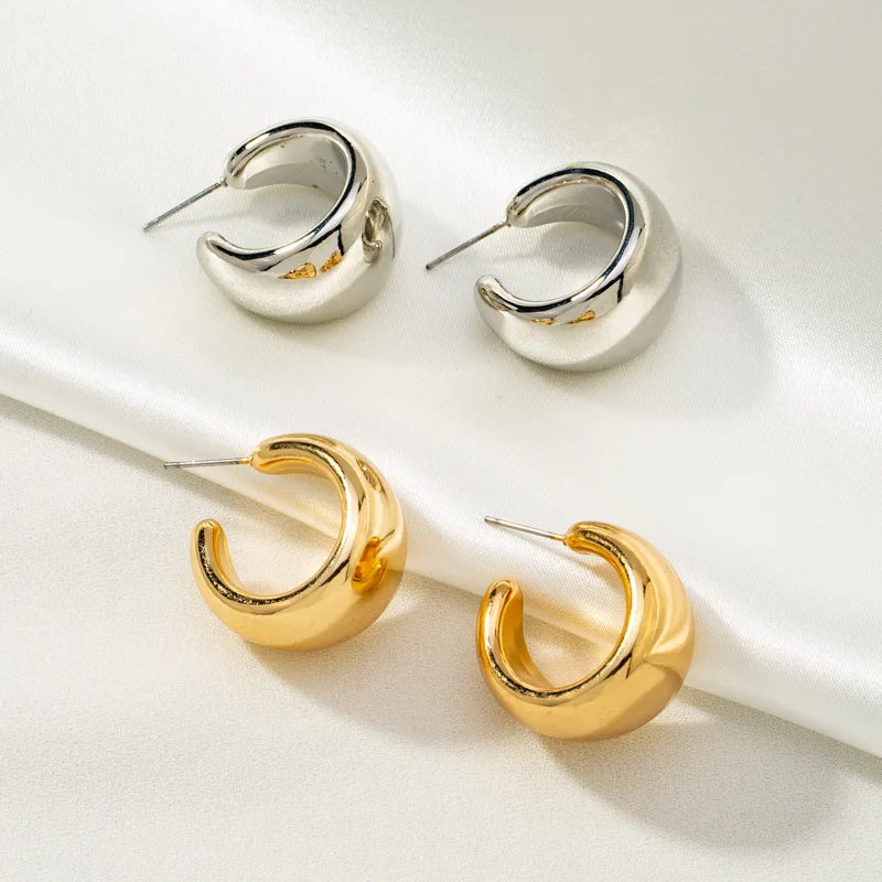 New Gold Color Round Chunky Earrings for Women Lightweight Smooth Metal Open Thick Hoops Fashion Trendy Jewelry