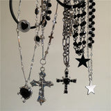 Qfdian  Punk Y2K Metal Cross Star Black Heart Pendant Multi Layer Bead Necklace For Women Men Vintage Gothic Charm Grunge Jewelry Gift