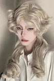 Qfdian Beige Medium Long Curly Hair Retro Ouji Wig with Bangs 18 Inch 13x4 HD Wigs for Women Lolita for Cosplay and Party Use