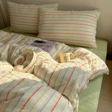 Qfdian  Nordic Bedding Set Pure Cotton Striped Duvet Cover Set Soft Flat Sheet Single Queen Size Double Bed Sheet Set For Bedroom Decor