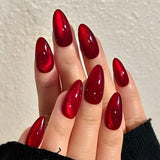 Qfdian  24pcs Glossy Red Cat's Eye Press On Nails Full Cover Nude Color Wearable Almond False Nails Charms Detachable Fake Nail For Girl