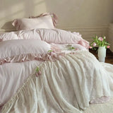 Qfdian French Lace Ruffles Princess Wedding Bedding Set Pure Cotton Double Layer Yarn Soft Duvet Cover Flat/Fitted Bed Sheet Pillowcase