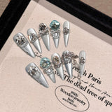 Qfdian Handmade Press on Nails Shiny Pink Cat Eye Fake Nails for Women Girl Wearable Glitter Full Crystal Design False Nail Tips