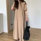 Qfdian  Summer Fashion Versatile Casual Women Short Sleeved T-shirt Dress Lazy Style Round Neck Solid Color Loose Fitting Women's Dress