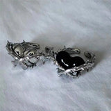 Qfdian  Kpop Vintage Y2K Black Big Cross Ring Thorns Heart Metal Opened Ring For Women BFF Trendy Gothic Grunge Aesthetic EMO Jewelry