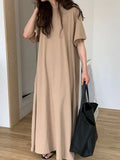 Qfdian  Summer Fashion Versatile Casual Women Short Sleeved T-shirt Dress Lazy Style Round Neck Solid Color Loose Fitting Women's Dress