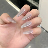 Qfdian  24Pcs Pink Almond Press-On Nails Glossy Sweety Heart Patterns False Nail Tips with Cat Eye, Mirror Disign for Women&Girls Wear