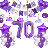 Qfdian  Purple White Foil Birthday Number Decorations Happy Birthday Banner Purple Happy Birthday Swirls Foil Heart Star Latex Balloons