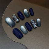 Qfdian  10Pcs Fake Nails Blue Cat-Eye Glitter Short-Length Press-On Nails for Fall/Winter Perfect Gift for Women and Friends
