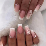 Qfdian 24Pcs Shiny Pearl Wearable False Nails Short Square Fake Nail Simple Summer Press on Nails Detachable Full Cover Nail Tips