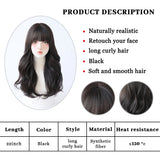 Qfdian  Long Wave Wig with Bangs Natural Black Synthetic Wig Heat-Resistant for Women Daily Party Cosplay Premium Soft Wig Fake Hair