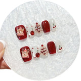 Qfdian  10pcs 3D Red Cherry Christmas Handmade Press on Nails Christmas Tree Full Cover Nail for Women&Girls Removable Wearable Nail Art
