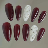 Qfdian Luxury Handmade Almond Press on Nails Vintage Red Diamond Design Reusable False Nails Acrylic Full Cover Nail Tips Nail Art