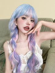 Qfdian 26Inch Fantasy Purple Mix Lolita Synthetic Wigs With Bang Long Natural Wavy Hair Wig For Women Cosplay Daily Use Heat Resistant