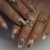 Qfdian 24Pcs Simple French Nails Art Tips Fake Nails 3D Design Wearable Full Cover False Nail Mid-length Almond Reusable Press on Nails
