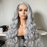 Qfdian Silver Wig Loose Curly Synthetic Lace Wig Silver Grey Lace Front Wig Glueless Long Grey Curly Hair Lace Frontal Wigs for Women