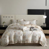 Qfdian Floral Plant Print Color Blocking Bedding Set Lyocell Bamboo Fiber Soft Silky Duvet Cover Flat/Fitted Bed Sheet Pillowcases 4Pcs