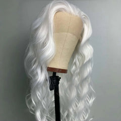 Qfdian 13X4 White Curly Wig Synthetic Lace Front Wig Natural Long White Blonde Colored Hair Lace Frontal Wigs for Women Party Cosplay